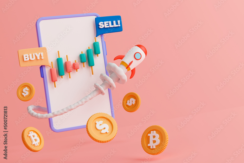 Poster 3d rendering concept stock and cryptocurrency trading on smartphone. up trend candlestick chart with