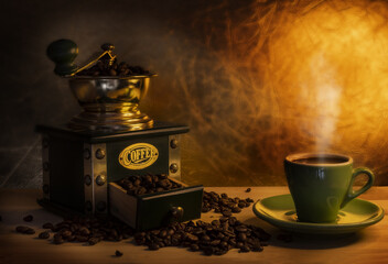 coffee grinder with cup of caffein a warm and peaceful atmosphere