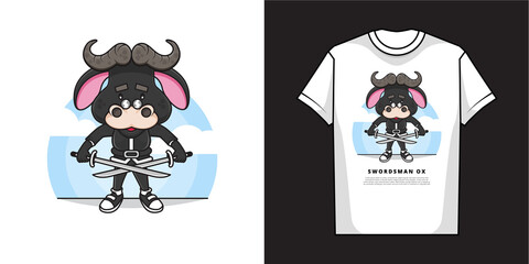 Cartoon Character of Adorable Ox is Wielding Two Katana Swords with T-Shirt Mockup Design