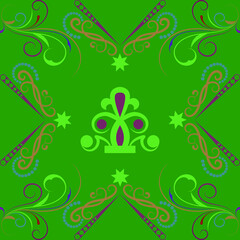 Seamless abstract, colored pattern on a green background from elements in the Arabic, Asian style.