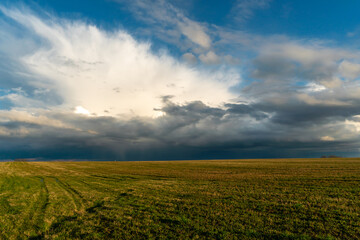 clouds over an agricultural field with wheat. A storm and rain gray cloud floats across the sky with a visible rain band. Heavy rain in the village in summer