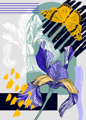 Collage style iris vector illustration. Hand-sketched spring flower and butterfly. Trendy design with floral, geometric shapes, abstract elements. Perfect for print, poster, card, wall art, cards