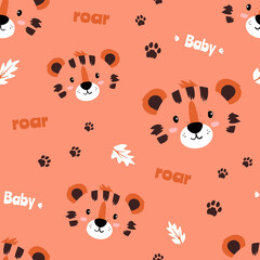 Cute baby pattern with tiger. Traces from the paws of a predator. Illustration with inscriptions Beby and Roar. Vector seamless pattern with animals for children's clothes on an orange background