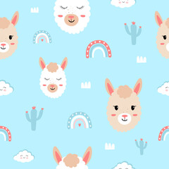 Cute childish pattern with llama, cactus, rainbow and cloud. Vector seamless pattern with animals for children's clothes. Cheerful pattern on a blue background