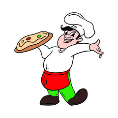Italian chef with a pizza. Pizzaiolo vector illustration.