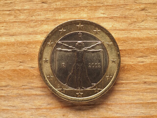 1 Euro coin showing Vitruvian man by Leonardo da Vinci, currency
