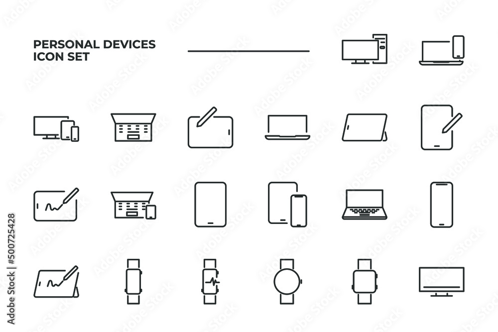 Wall mural simple set of Personal Devices vector icons with editable line styles covering Tablet, Desktop PC Workstation, Round and Square Smart and other. isolated on white background. 