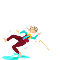One Older glabrous man falling accident. An Elderly grey hair man  Slippery because stepping on slippery ground on white background.Vector isolate flat cartoon characters design concept for Healthcare