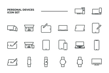simple set of Personal Devices vector icons with editable line styles covering Tablet, Desktop PC Workstation, Round and Square Smart and other. isolated on white background. 