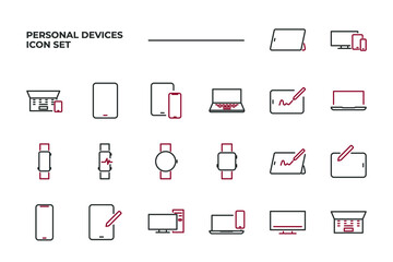 simple set of Personal Devices vector icons with editable line styles covering Tablet, Desktop PC Workstation, Round and Square Smart and other. isolated on white background. 