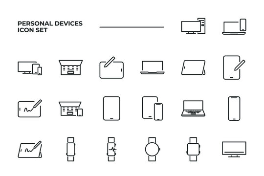 simple set of Personal Devices vector icons with editable line styles covering Tablet, Desktop PC Workstation, Round and Square Smart and other. isolated on white background. 