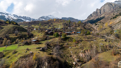 Autumn colorful landscape in black sea Karadeniz highlands on a beautiful autumn sunset in Maden village, Savsat, Artvin, Turkey