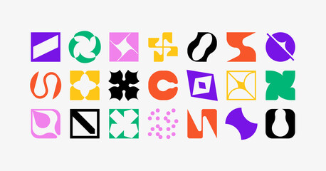 Set of geometric logos. Modern bold brutalistic square objects and shapes. Colorful minimalistic silhouette figures. Contemporary design. Vector illustration