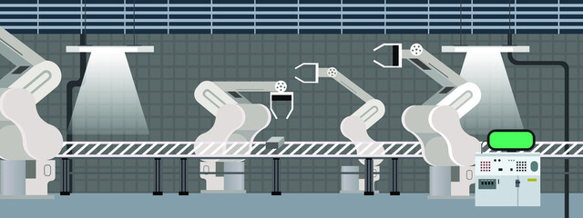 Industrial interior of factory with line conveyor and robots machinery horizontal banner and background flat vector illustration