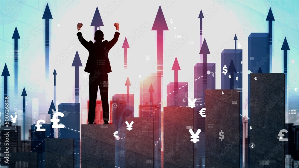 Poster double exposure image of business and finance conceptual - businessman with report chart up forward 