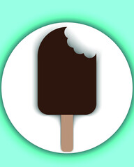 Ice cream on a stick. Chocolate ice cream. Refreshing cold bitten ice cream on a stick. Sweetness from milk