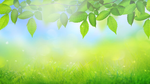 green field with grass background with sun rays and green branch with leaves