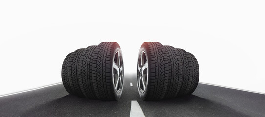  Car tires standing on the road against sun light of headlights in spring. - obrazy, fototapety, plakaty