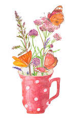 invitation card with butterflies and fresh meadow flowers in red polka dot teacup. watercolor painting