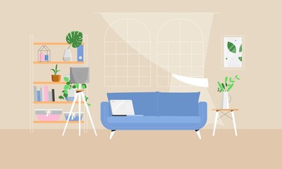 Living room scene, interior elements such as couch, bookcase, floor lamp. Vector illustration in flat style, minimal modern home