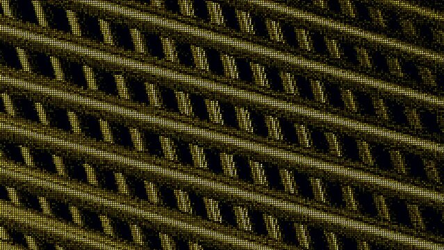 Abstract TV noise effect, grainy texture with crossed wide stripes, seamless loop. Motion. 3D narrow pipes on a black background.