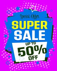 Fototapeta na wymiar Banner advertising super sale with half price reduction. Super sale special offer 50 percent off vector illustration