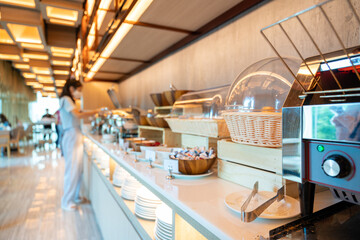 Breakfast Time in Luxury Hotel, Brunch with Family in Restaurant, Breakfast Buffet in Luxury Hotel Concept,