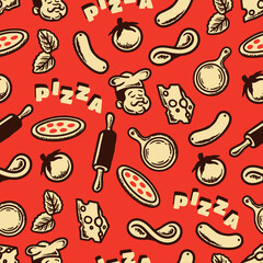 pizza ingredients pattern in vintage style with red background