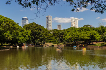 Detalhe do Lago das Rosas com pedalinhos para as pessoas se divertirem. O Lago das Rosas está localizado em um parque público na cidade de Goiânia em Goiás.