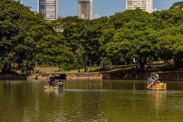 Detalhe do Lago das Rosas com pedalinhos para as pessoas se divertirem. O Lago das Rosas está localizado em um parque público na cidade de Goiânia em Goiás.