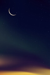 Fototapeta na wymiar Islamic greeting Ramadan Kareem card design background with Crescent moon on colourful sunset sky background,Vector religions symbolic of Muslim for Ramadan Kareem,Eid Mubarak, Eid al adha.Eid al fitr