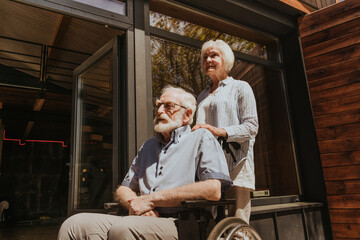 Senior couple, wife takes care of invalid husband