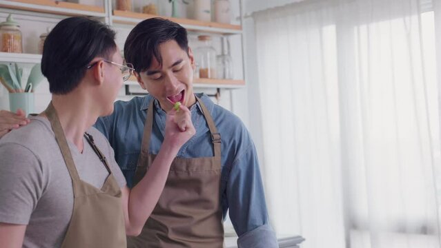 Asian gay couple tease each other very happy and romantic in their home kitchen while cooking together