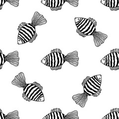 Seamless pattern with fishes. Black and white hand drawn vector illustration. Seamless background. Wallpaper design. Fabric design. Simple vector pattern with cute fishes.