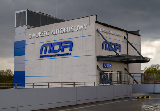 Central Bus Station, MDA signboard with logo sign. Małopolskie Dworce Autobusowe at Bosacka street. Entrance from Krak&oacute;w Gł&oacute;wny main railway station outdoor parking on April 15, 2022 in Krakow, Poland