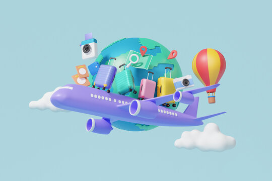 Leisure touring holiday summer concept. Minimal cartoon. travel worldwide Tourism airplane trip planning world tour with location suitcase. 3d render illustration