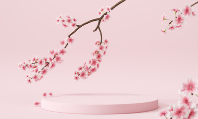 minimal abstract background, podium display with pink cherry bossom background for product presentation. 3d rendering.