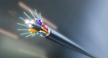 Connection of Optical fiber cable, technology background, 3d illustration. - obrazy, fototapety, plakaty