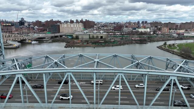 aerial RFK Bridge in East Harlem over river in New York City NYC