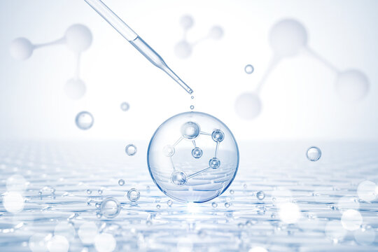 Dropper and Molecule inside Liquid Bubble, 3d illustration.