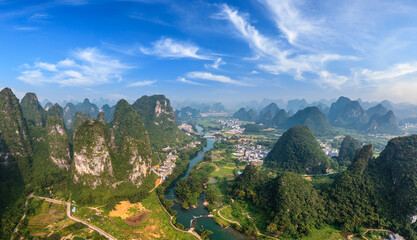 Aerial view of beautiful mountain and river natural landscape in Guilin, China. Guilin is a world famous tourist resort. Here are the most widely distributed karst landforms in China.