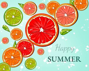Bright slices of grapefruits on a blue background, summer composition background, hand drawing, illustration