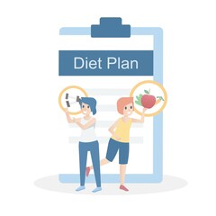 Healthy Diet plan and exercise weight loss for female,young body slim in sportswear holding dumbbells and fruits and vegetables,lists goal on paper,Vector illustration.