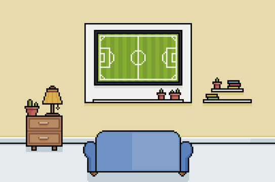 Pixel art watching soccer world cup in the TV room. 8bit background with sofa, table and TV and decorations
