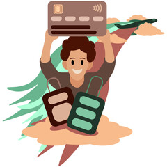 Credit card for travel, cash, money, cryptocurrency. Purchase of tickets, air travel packages around the world. Man is holding a card. Flying in the clouds. Flat vector best premium illustration.