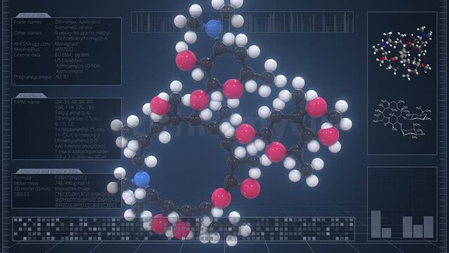 Azithromycin molecule with description on the computer screen, loopable 3d animation
