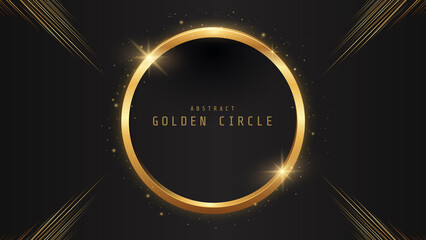 Gold circle of shiny particles on black background. Golden lights frame, place for text. Vector illustration