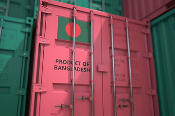 Shipping container with goods from Bangladesh and printed national flag. Production related 3D rendering