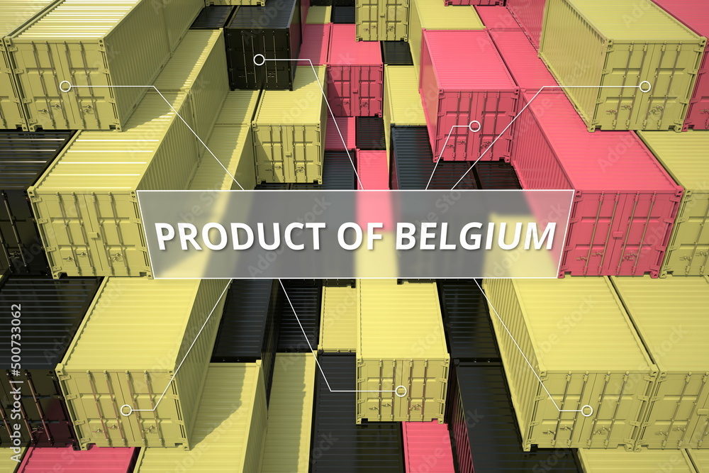 Aufkleber many cargo containers with products of belgium. export or import related 3d rendering