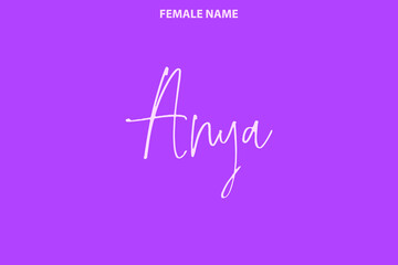 Calligraphy Text Girl Female Name Anya on Purple Background